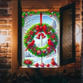BlissYard Christmas Window Decorations 32×47 Inch Christmas Window Cover Traditional Wreath Large Red Bell Pinecones Snowy Scene Whimsical Windows Silhouette for Indoor Outdoor Holiday Party Decor