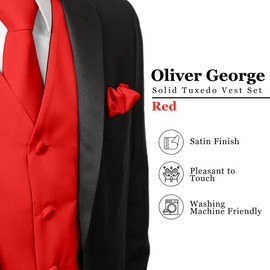 Oliver George 4pc Men's Vest | Vest and Tie Set For Men + Bow Tie + Handkerchief | Men's Tuxedo and Suit Vest | Solid Formal Waistcoat | Red Large