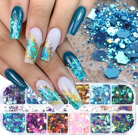 12 Grids Chameleon Nail Art Sequins Hexagon nail glitter Holographic process sticker sequins Mermaid Powder Thin Slices Shining Charm DIY Shining Nail Art Tips for Women's Nail and Mermaid Jewelry