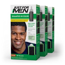 Just For Men Color de champú (fórmula anteriormente original), tinte de cabello gris para hombres, con queratina y vitamina E para un cabello más fuerte, negro azabache, H-60, paquete de 3 (el embalaje puede variar)