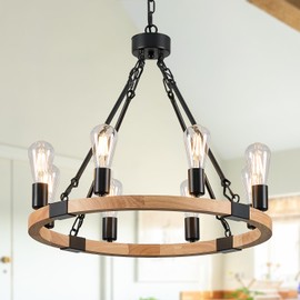 Poemoon 8 Lights Wooden Wagon Wheel Chandelier Natural Farmhouse 23.6'' Black Metal Light Fixtures Rustic Wood Round Chandelier for Living Dining Room Kitchen Entryway Foyer