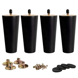 4 inch / 10cm Wooden Furniture Legs, La Vane Set of 4 Black Solid Wood Tapered M8 Furniture Replacement Feet with Pre-Drilled 5/16 Inch Bolt & Mounting Plate & Screws for Sofa Chair Couch Ottoman