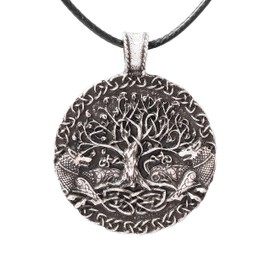 HAQUIL Viking Necklace, Odin Wolves Ravens Tree of Life Pendant, Faux Leather Cord, Viking Jewelry Gift (AD)
