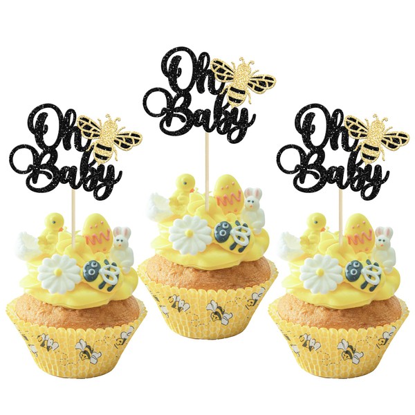 24 piezas de decoración de cupcakes de abeja Oh Babee con purpurina para bebé, diseño de abejorro, baby shower para niños, fiesta de primer cumpleaños, decoración de pasteles, color negro