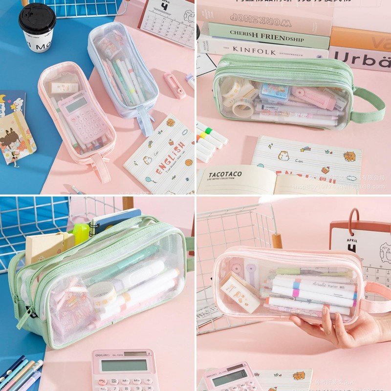 RuiChy Transparent Mesh Pen Case, Pencil Case, Large Capacity, Double