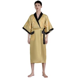 EXPOING Robe for Men Dragon Embroidered Silk Satin Yukata Pajamas Kimono Bathrobe Sleepwear Night Gown Two-sided Reversible Wear (Gold, One Size)