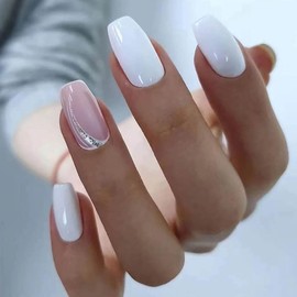 24Pcs Press on Nails Medium Design,Lucoffeoi 24pcs Acrylic Nails Fake Nails Round and Square Glue on Nails Set with Adhesive Tabs File Nails Tips for Women Girls Kids