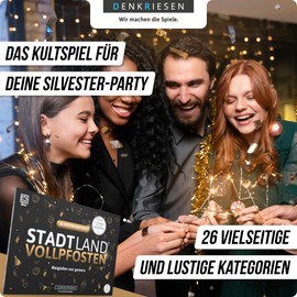 DENKRIESEN Stadt Land Vollpfosten - New Year's Eve Edition | Party Game from 9 Years for 2+ Players | 26 Categories | City Country River | Board Game for the New Year | Word Game