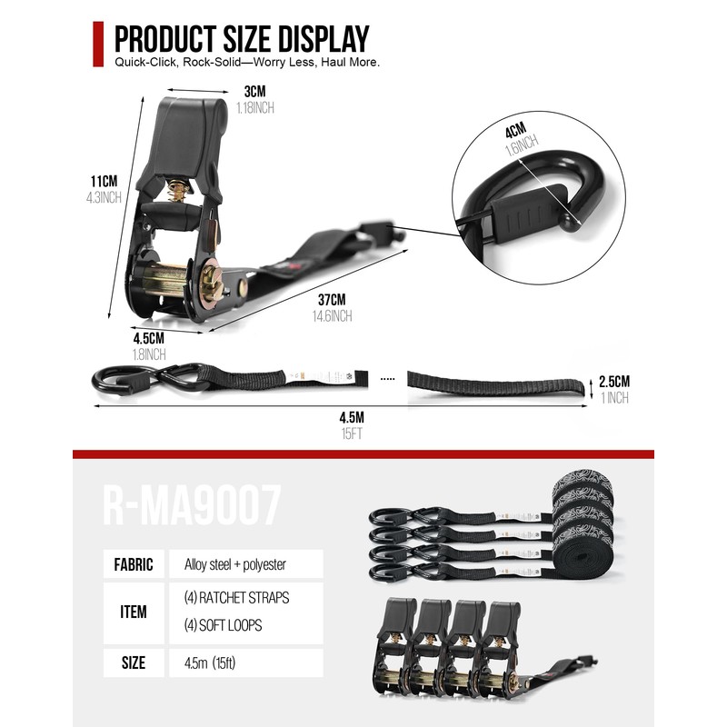 Ratchet Straps (4 PK) 15 Feet (1,823lb Break Strength) Heavy