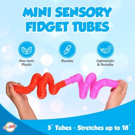 Playkidiz Pop Tubes, 24 Pack Mini 5" Sensory Fidget Tubes, Stretch Up to 18" Long, Stress Reliever Pipe Toy, Popular Plastic Fidget Tubes for Boys and Girls, Ages 3+
