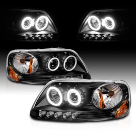 AmeriLite for 1997-2003 Ford F150 F-Series Expedition Black Projector Replacement Headlights Assembly Xtreme Bright LED Halos + Corner Lamps Set - Passenger and Driver Side