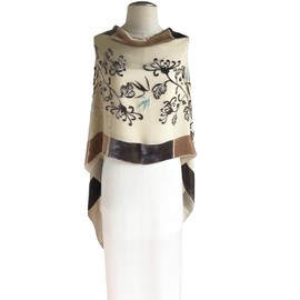 JJ collection Silk Base Burn-out Velvet Shawl,72" L x 21" W, Oriental Daisy Floral, Brown velvet on Beige Silk