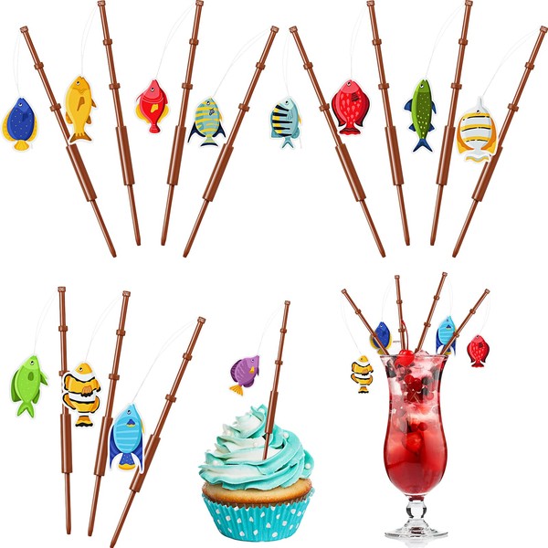 36 Pcs Fishing Birthday Party Decorations Fish Cupcake Pole Picks Fishing Themed Party Supplies Little Fisherman Tropical Appetizer Pick Cocktail Decoration for Drink Baby Shower Party Favor Kids