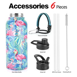 Pandaria Insulated Water Bottle 32oz, Stainless Steel Water Bottle with Straw & Spout Lids & Paracord Handle, Reusable Water Bottle Spill Proof BPA-Free Flask for Sports, Gym, Travel, (Flamingo)