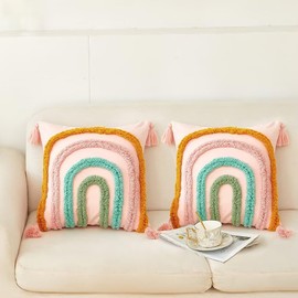 YDBDAT Set of 2 Boho Rainbow Decorative Textured Throw Pillow Covers 18x18 Farmhouse Colorful Tufted Pillow Covers with Tassels Woven Cushion Case for Sofa Bed Living Room Hallowmas Pink