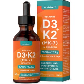 Vitamin D3 K2 Drops High Dose | 60 ml | 2000 IU D3 + 12.5 µg K2 MK7 | Liquid Drops | Bone Health and Immune Support | by Horbaach