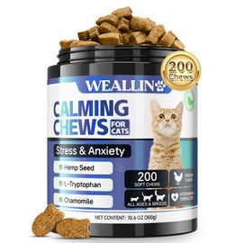 WEALLIN Beruhigungsmittel für Katzen, 200 Natürliche Leckerlis für Entspannung, Hilft bei Unruhe, Trennung, Tierarztbesuchen, Reisen, Lauten Geräuschen, Hähnchen Geschmack, Alle Rassen & Größen