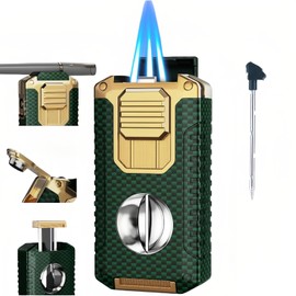 NINSI 5-in-1 Butane Torch Lighter, Windproof Triple Blue Flames, Adjustable and Refillable Lighters, Gifts for Men (Fuel Not Included) (Green)