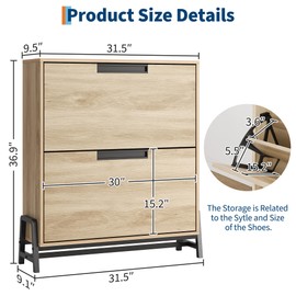 SunnyFurn Shoe Cabinet Storage with 2 Flip Drawers, Hidden Shoe Storage Cabinet for Entryway, Adjustable Shoes Rack for Home Hallway, Living Room, 9.5" D x 31.5" W x 37" H, Wood Color