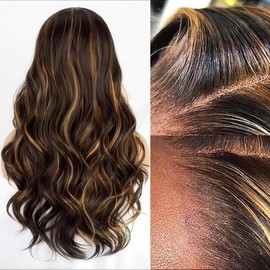Highlight Lace Front Wig Human Hair 26 Inch Body Wave Honey Blonde 13x6 Transparent Lace Front Wigs Ombre Black Brown Lace Front Human Hair Wigs 180% Density 1/30 Colored Highlight Wig Balayage Wig