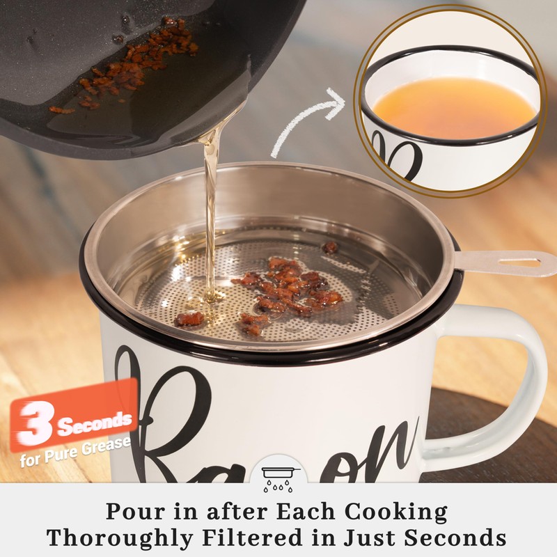 Bacon Grease Container with Strainer - With Food-Grade Silicone Spatula,