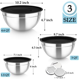 TeamFar Mixing Bowls, Stainless Steel Nesting Salad Bowls with Lids Set of 3 & 3 Grater Attachments, For Mixing/Serving/Storing, Non-toxic & Long-lasting, Size 4.6/3 / 1.5 QT, Black