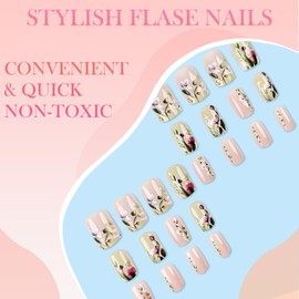 Short Press-On Nails with Romantic 3D Embossed Flowers - Full Cover Acrylic Fake Nails - Elegant Floral Art Stickers for Women Reusable Stick-On No Glue Needed Easy to Apply