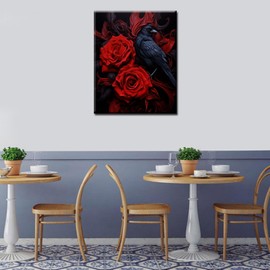 Tucocoo Red Rose and Raven DIY Paint by Number for Adults Beginners Delicate Flowers Painting by Number on Canvas with Brushes and Acrylic Pigment Dark Style Easy to Paint Without Frame 16 x 20inch