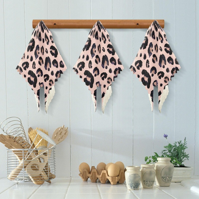 Paños de cocina con estampado de leopardo rosa y negro,