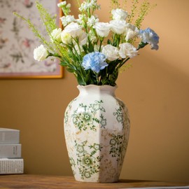 Green and White Vintage Ceramic Vase, 9.1 Inch Ice Glazed Crack Chinoiserie Rustic Floral vases, Green and Beige Large Pastoral Farmhouse Flower Vase for Tuscan Home Decor (D 6" X H 9.1")