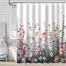 Boho Floral Shower Curtain, Cream Tan Beige Blue Grey White Watercolor Flower Fabric Shower Curtains Set for Bathroom Decoration with Hooks 72 X 72 inch Cute Farmhouse Bath Decor