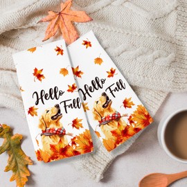 RZQIJ Golden Retriever Leaves Hello Fall Kitchen Towels Dish Towels Dishcloth, Fall Thanksgiving Dog Decor for Kitchen Bathroom Home, 16 x 24 Farmhouse Decoration Hand Towels Set of 2. (026)