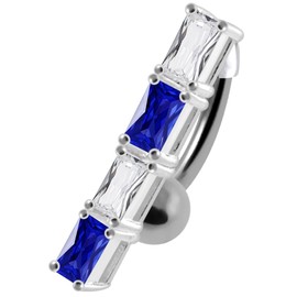 Dark Blue Cz Stone Fancy 2 Tone Square Link Reverse Bar Design 925 Sterling Silver with Stainless Steel Belly Ring - Belly Button jewelry - Navel jewelry