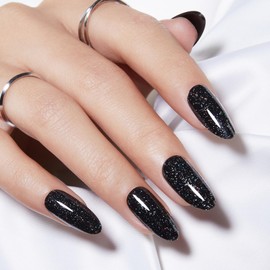 Modelones 32Pcs Sparkle Black Press on Nails Almond, Glitter Short Almond Fake Nails, Reusable Nail Kit with Nail Glue Adhesive Tabs Mini Nail File, Nails Press Ons 16 Sizes | modelones