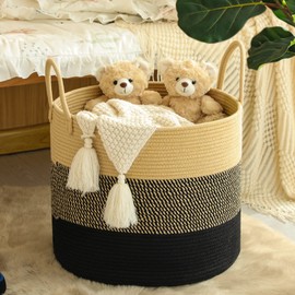 KAKAMAY Large Blanket Basket (18"x18"x16"),Woven Baby Laundry Hamper for Storage, Cotton Rope Blankets Baskets for Nursery, Laundry, Living Room, Pillows, Baby Toy Chest with Handles (Black)