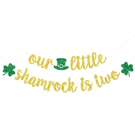 Our Little Shamrock is Two Banner, Two Lucky Banner, Shamrock Garland for Twins Birthday Decorations, St. Patrick's Day Baby Shower Birthday Party Decorations, Gold Glitter