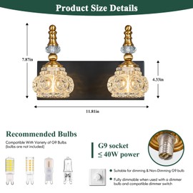 LBSQJ Modern Glass Crystal Vanity Light - Vintage Bathroom Lighting Fixtures Over Mirror, 2 Light Vanity Lights G9 Bulb (11.81 Inch, Black Gold)