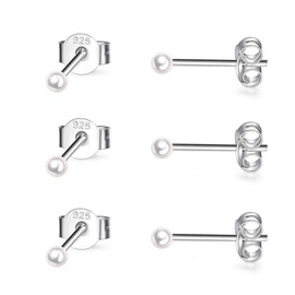 CERSLIMO 3 Pairs Sterling Silver Stud Earrings for Women Girls 2mm Tiny Pearl Stud Earrings Set Cartilage Small Tragus Earrings for Sensitive Ears