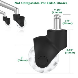 Office Chair Wheels Replacement 2 Inch Rubber Ball Caster Wheels for Wood Floor Carpet Mats, Set of 5, Heavy Duty Desk & Gaming Chair Casters 7/16" (11mm) Grip Ring Stem, Quiet Smooth Rolling (White)