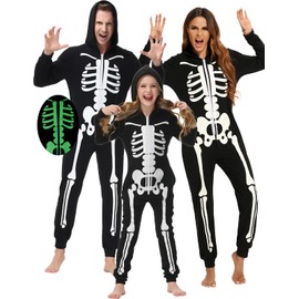 Veseacky Skeleton Pajamas Unisex Adult Pajamas Glow-in-Dark One-Piece Zipper Front PJS with Hooded Pockets for Couples X-Large