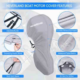 NEVERLAND Outboard Motor Cover Trailerable Full Boat Motor Cover 600D Heavy Duty Water Resistant Fade and Crack Outboard Engine Covers with Zipper, Fits 100-150HP Motor Gray