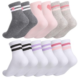 Jspupifip 6 Pairs Kids Girls Pink White Crew Athletic Socks with Retro Stripes Hearts, Casual Stretchy Socks for Girls and Boys 6-12 Years
