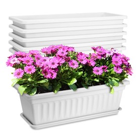 OSMOFUZE 6 Packs Window Box Planter, 17 Inches Flower Window Box Rectangular Plastic Vegetable Planters with Trays for Windowsill, Patio, Garden, Balcony, Porch White