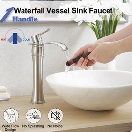 HOIGY Tall Bathroom Faucet Brushed Nickel, Brass Vessel Sink Faucet Waterfall Faucet 1 Handle, Bathroom Faucets Single Hole Mixer Bowl Tap with Drain