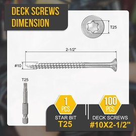 DTGN #10x2-1/2 Deck Screws - 100Pack - Good for Decks, Fences, Frames, Farms, Outdoor Furniture - 410 Stainless Steel Wood Screws W/ T25 Torx Star Drive Bit - Silver
