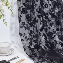 PLIGREAT 2 Yards Floral Embroidered Lace Fabric 1.5m Wide Exquisite Black Rose Tulle Lace Fabric for Wedding Bridal Dress Party Evening Gown Home Decor DIY Clothing Design