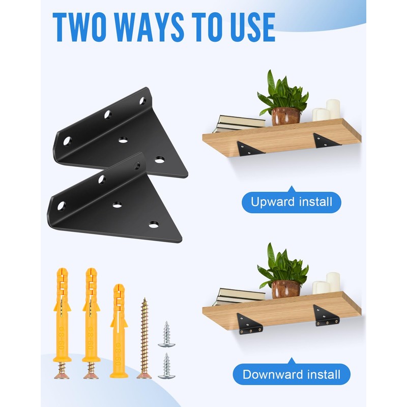 Pack of 2 Floating Shelf Brackets, Black, 8 cm Triangle