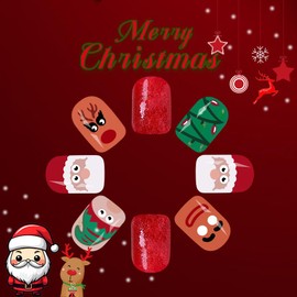 Christmas Press on Nails Short Square Fake Nails whit Christmas Cartoon Pattern Designs Winter Christmas Cute Glossy Nails Full Cover Acrylic Nails Xmas Winter Glue on Nails for Girls Women 24Pcs