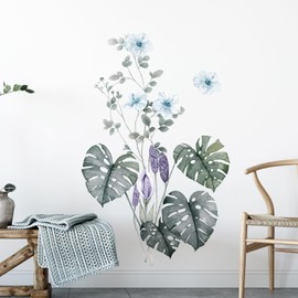 Supzone Watercolor Monstera Deliciosa Leaf Wall Decals Green Tropical Plants Flowers Wall Stickers for Living Room Bedroom Office Sofa TV Background Home Decor