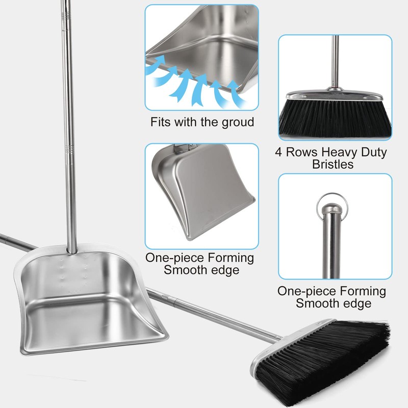 VOOWO Heavy Duty Broom and Dust pan Set, Stainless Steel